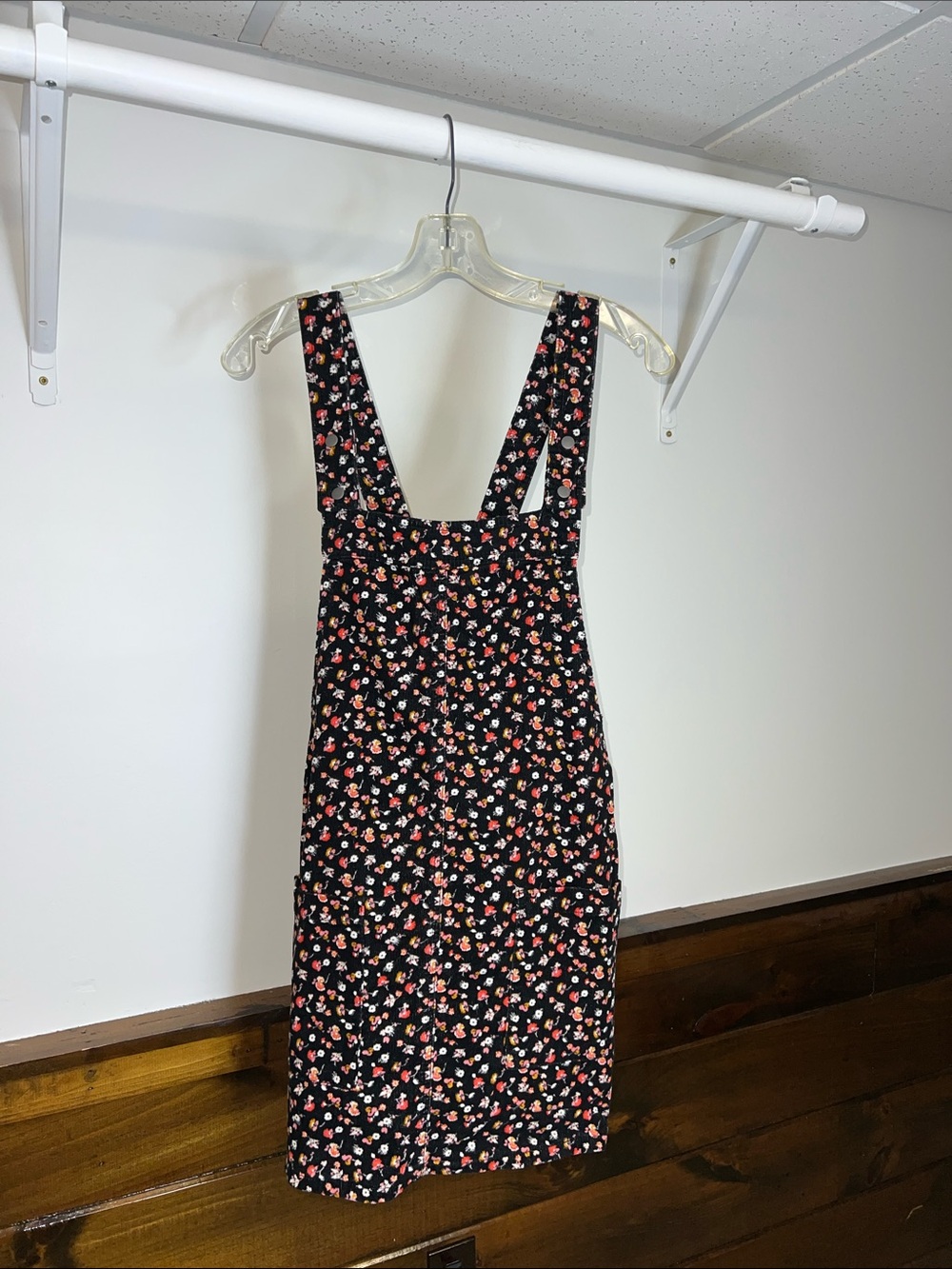 Xhilaration Floral Black Corduroy Pinafore Dress with Red & Pink Blossoms- M